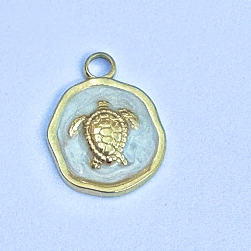 Gold Plated Turtle Coin Charm, White Enamel, 15mm