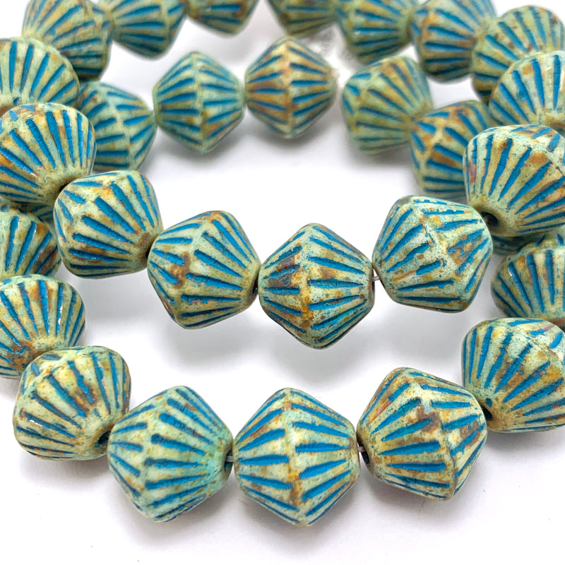 Tribal Bicone Honey with Picasso Finish/Turquoise Wash, 9mm