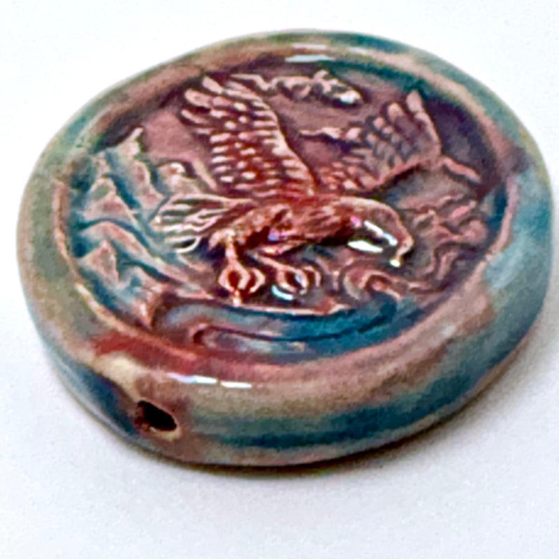 Eagle Motif Coin Peruvian Ceramic Raku Bead, 37mm