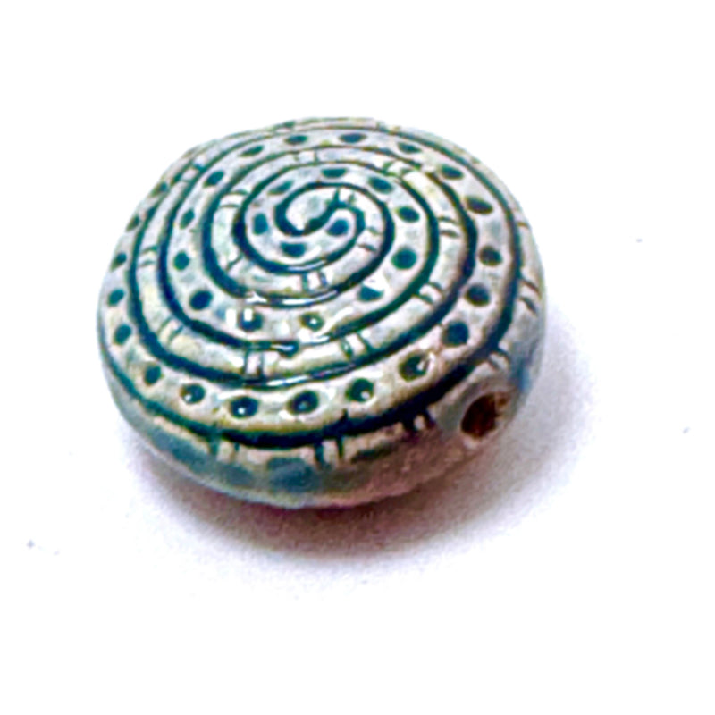 Paired Spiral Coin Peruvian Ceramic Raku Bead,  24mm