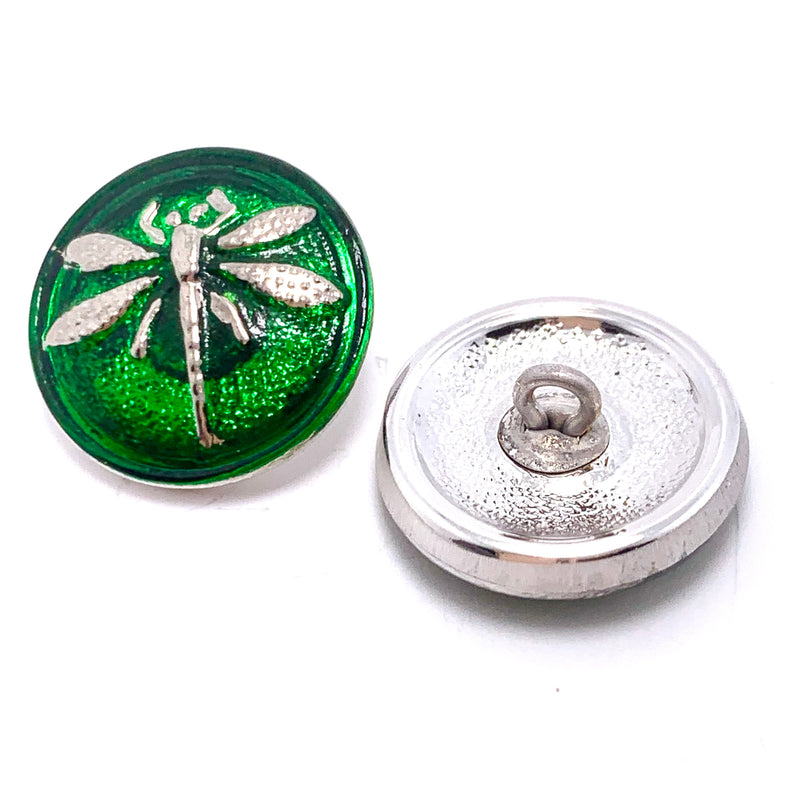 Dragonfly Czech Button 18mm Green with Silver