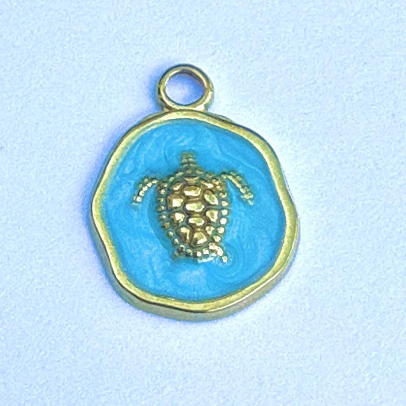 Gold Plated Turtle Coin Charm, Blue Enamel, 15mm