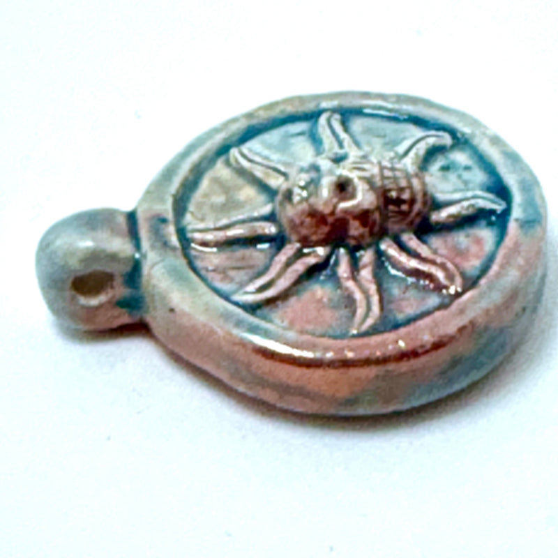 Skull Sun Head Peruvian Ceramic Raku Pendant, 28mm