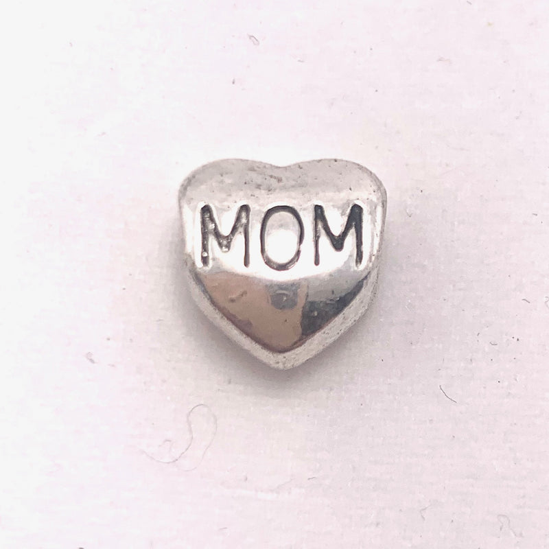 Mom Heart Large Hole Bead, Silver