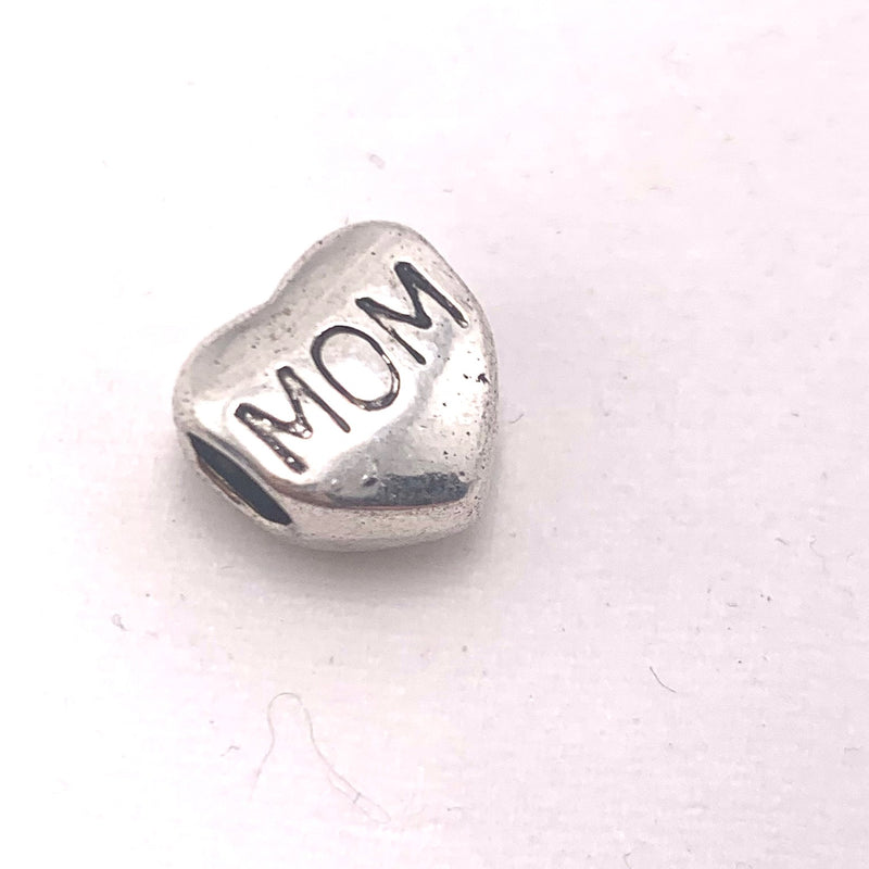 Mom Heart Large Hole Bead, Silver