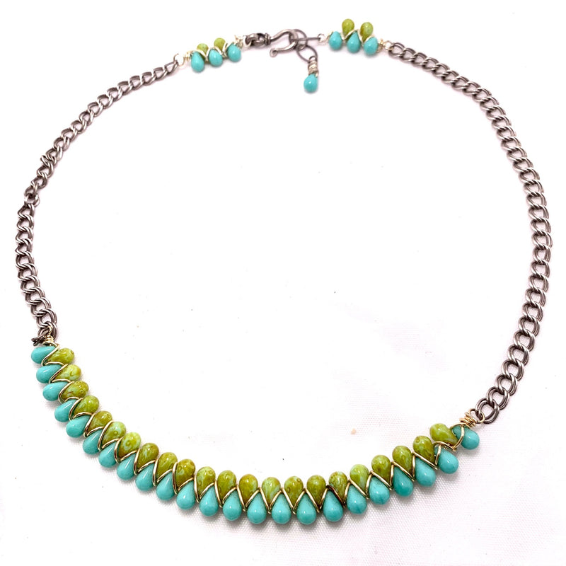 Turquoise & Green Wrapped Glass Bead Necklace