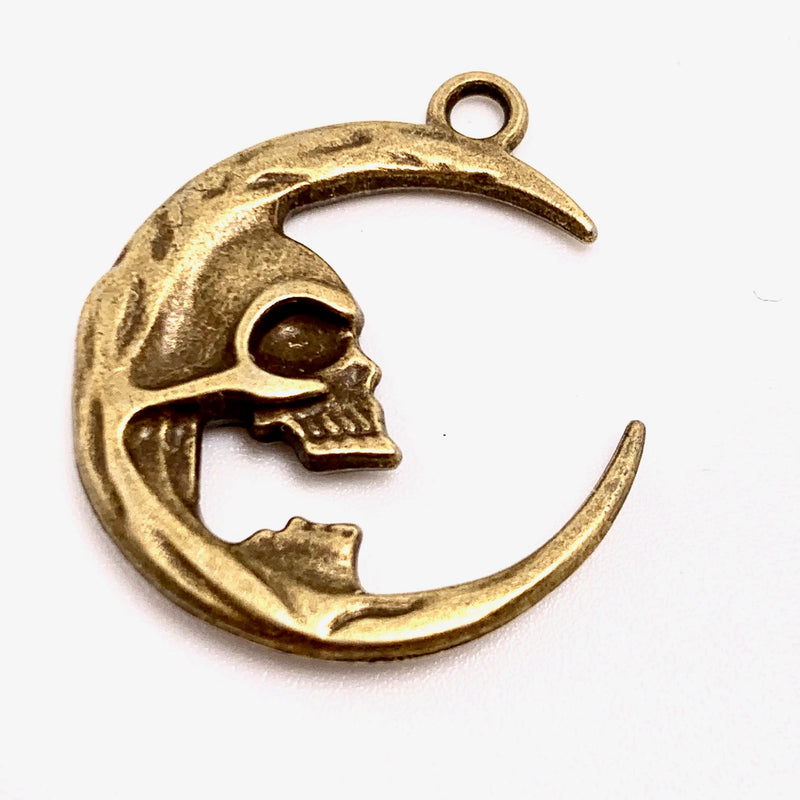 Skull Face Moon Charm, Antique Brass