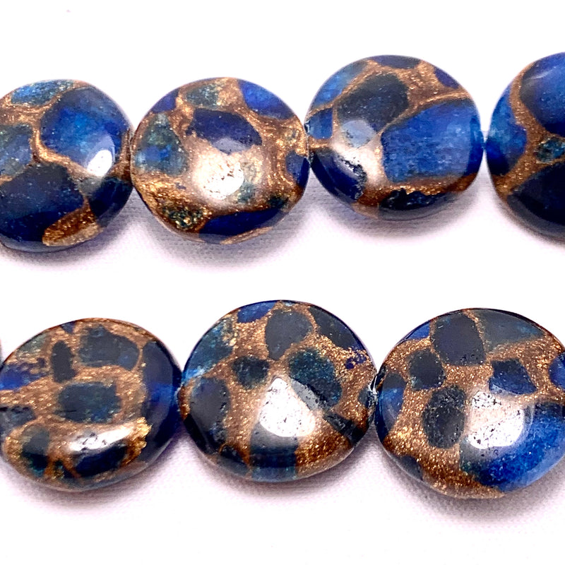 Lapis and Bronzite Puffed Coin Gemstone Beads 16mm