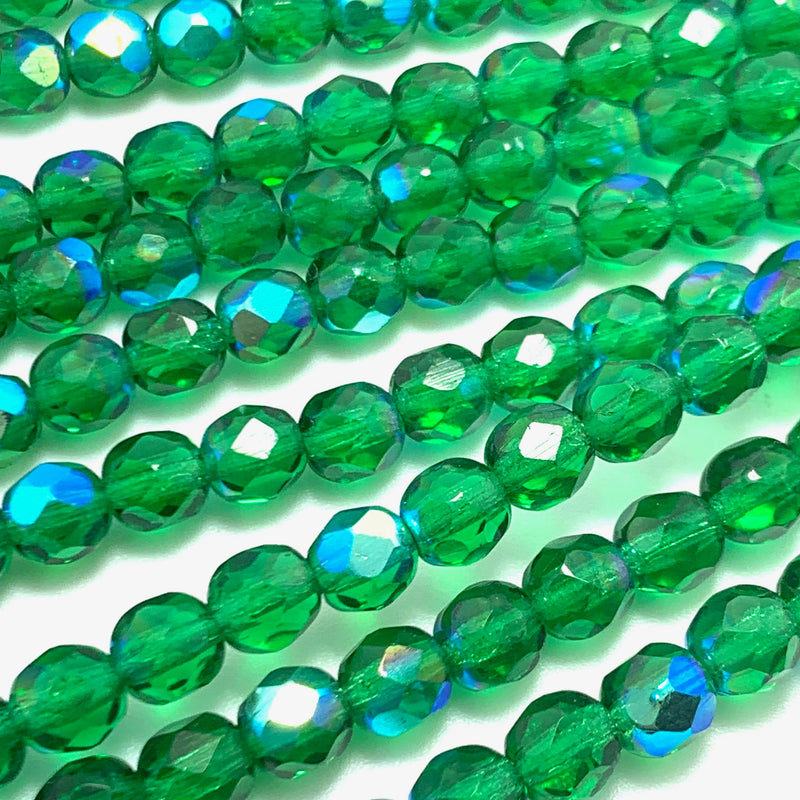 Green Transparent Firepolish AB Czech Glass Beads 6mm