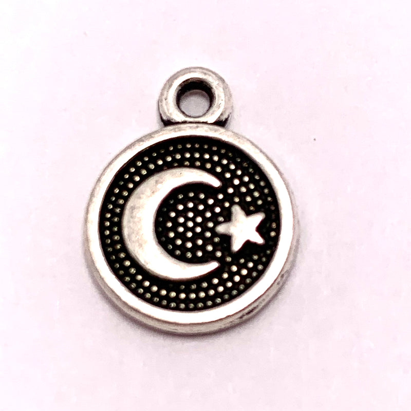 Crescent Moon and Star Charm Silver, 1/2 inch