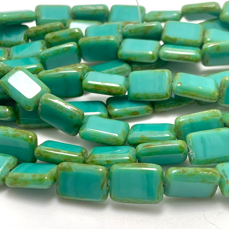 Rectangle Table Cut Czech Glass Beads, Turquoise Picasso, 12x8mm