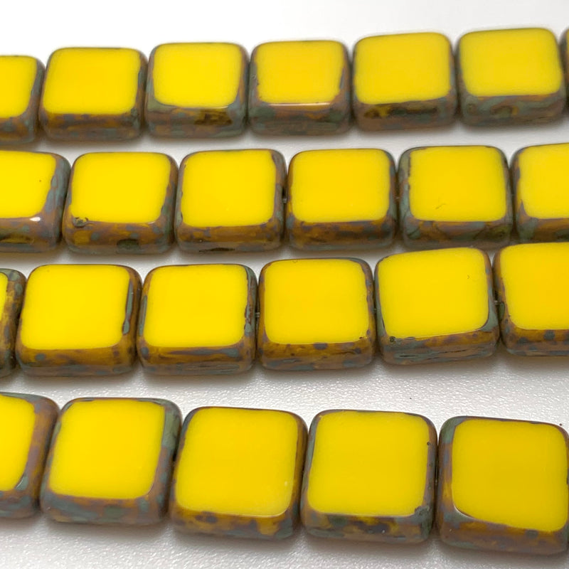 Czech Glass Beads Table Cut Square Yellow Picasso