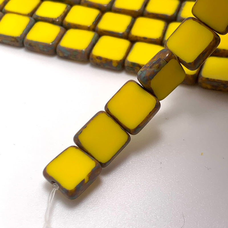 Czech Glass Beads Table Cut Square Yellow Picasso