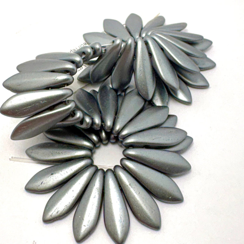 Two Hole Dagger Czech Glass, Silver Matte 5 x 16mm