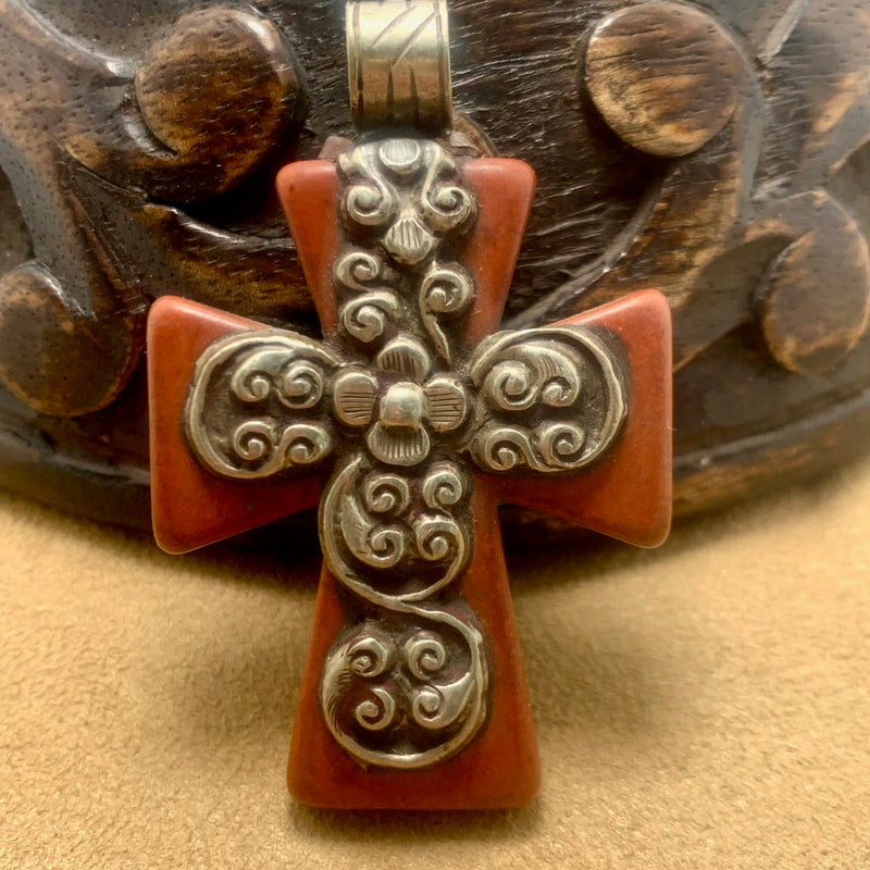 Wood & Silver Scrollwork Cross