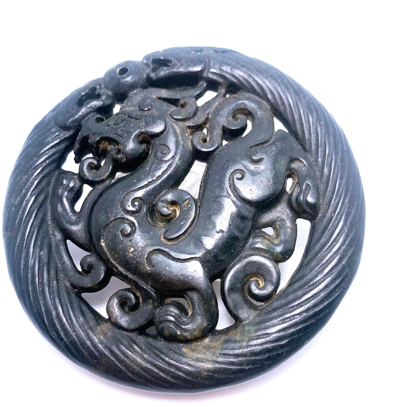 Carved Stone Pendant, Black Dragon 66x66mm
