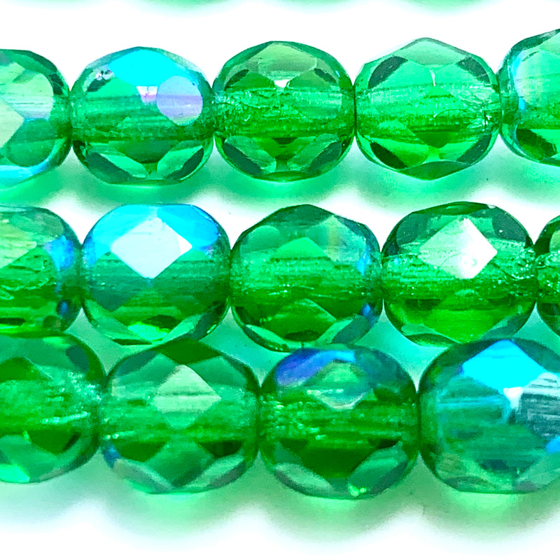 Green Transparent Firepolish AB Czech Glass Beads 6mm