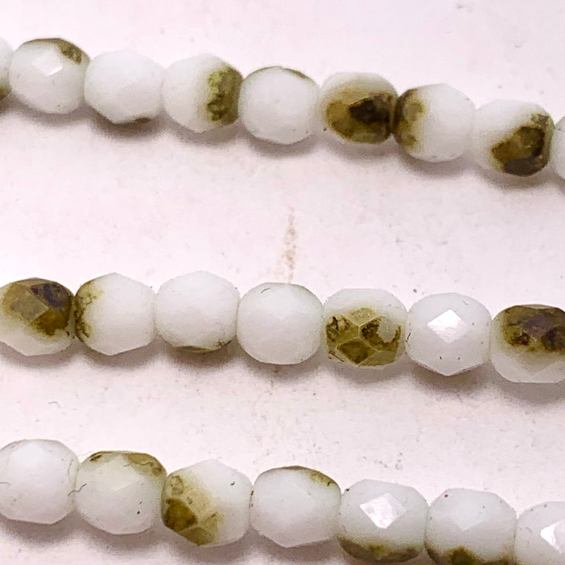 White with Gold  Fire Polish Czech Glass Bead 4mm