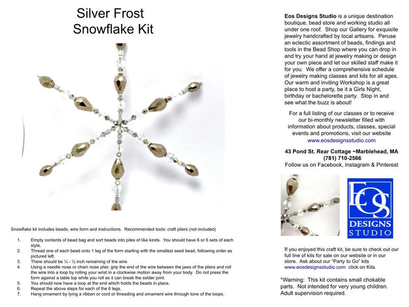 Silver Frost Snowflake Kit brochure page showing a small snowflake charm on a white background, with product title, instructions, contact information, and Eco Designs Studio branding.