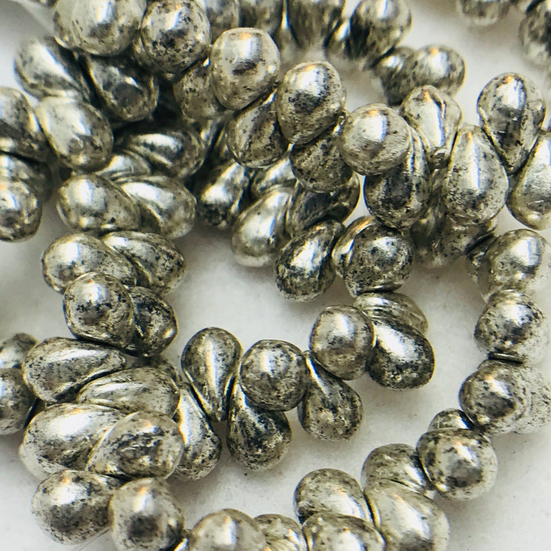 Drop Czech Glass Beads, 4x6mm, Metallic Silver