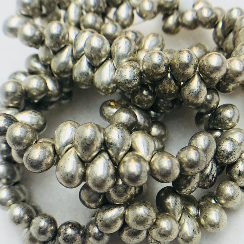 Drop Czech Glass Beads, 5x7mm, Metallic Silver