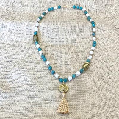 Long Amazonite Conch Shell and Brass Bead Necklace