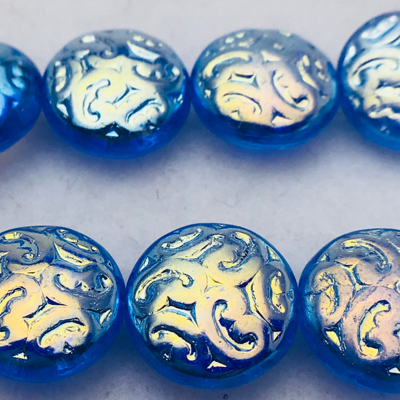 Button Coin Czech Beads, Blue AB 13mm