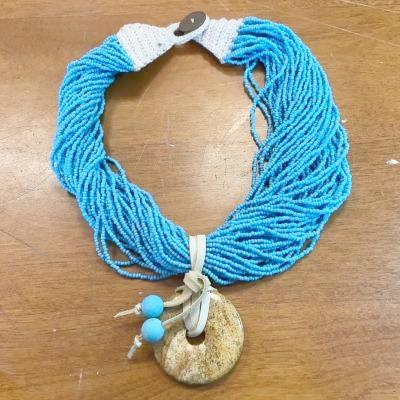 Multistrand Blue Bead with Jasper Pendant Necklace