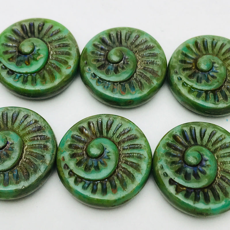 Nautilus Coin Czech Beads, 18mm, Celtic Green Travertine