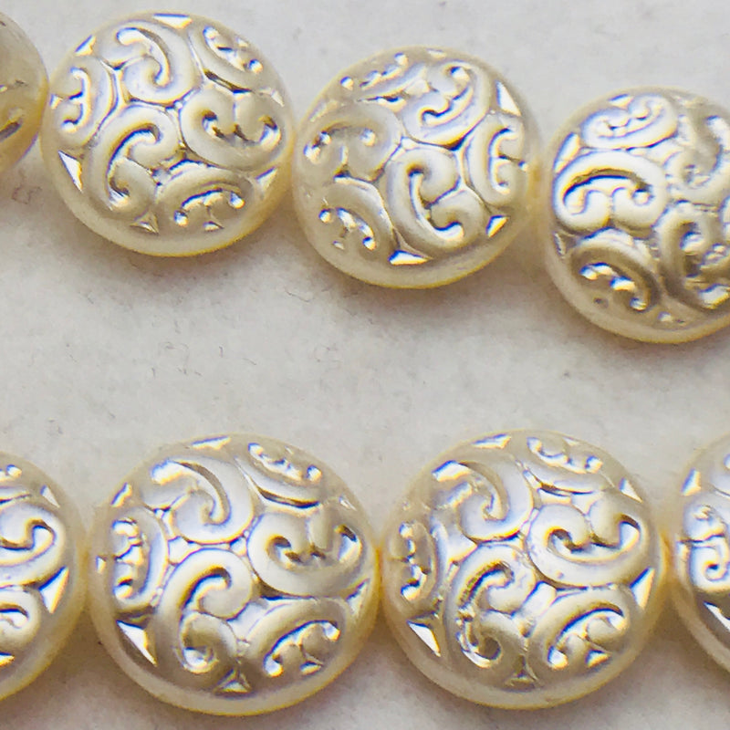 Button Coin Czech Beads, Cream Pearl