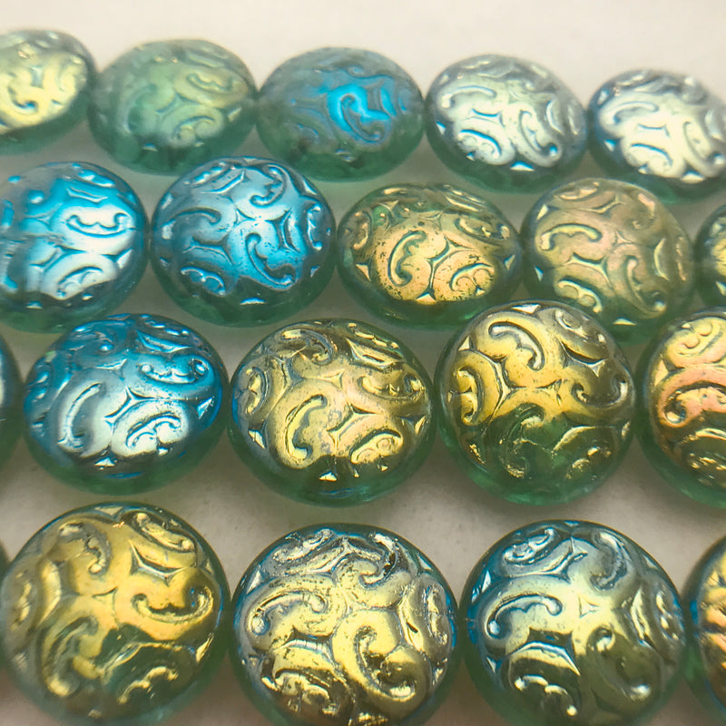 Button Coin Czech Beads, Emerald 2AB Ornamentall 13mm