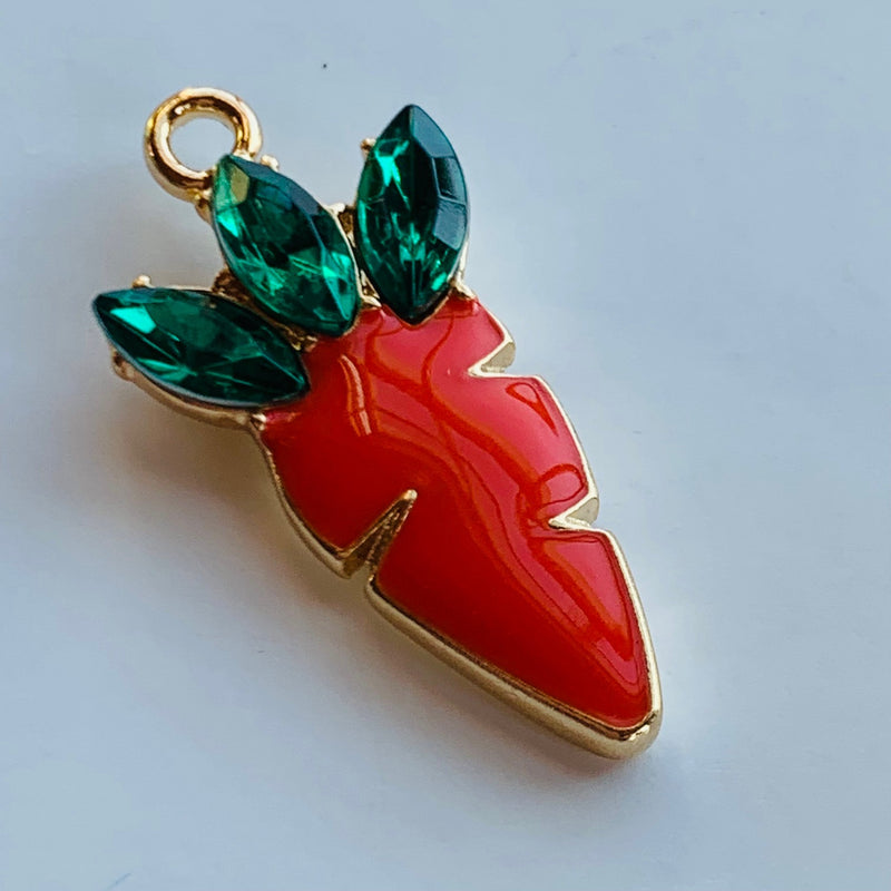 Carrot Enamel Charm With Rhinestone Leaves