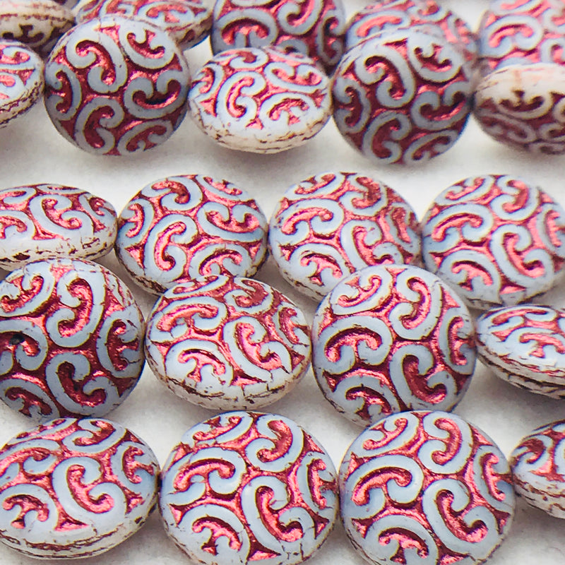 Button Coin Czech Beads, Grey Red Luster 13mm