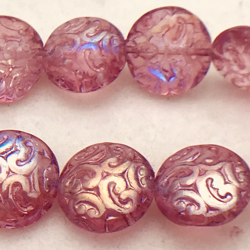 Button Coin Czech Beads, Hot Pink AB 13mm