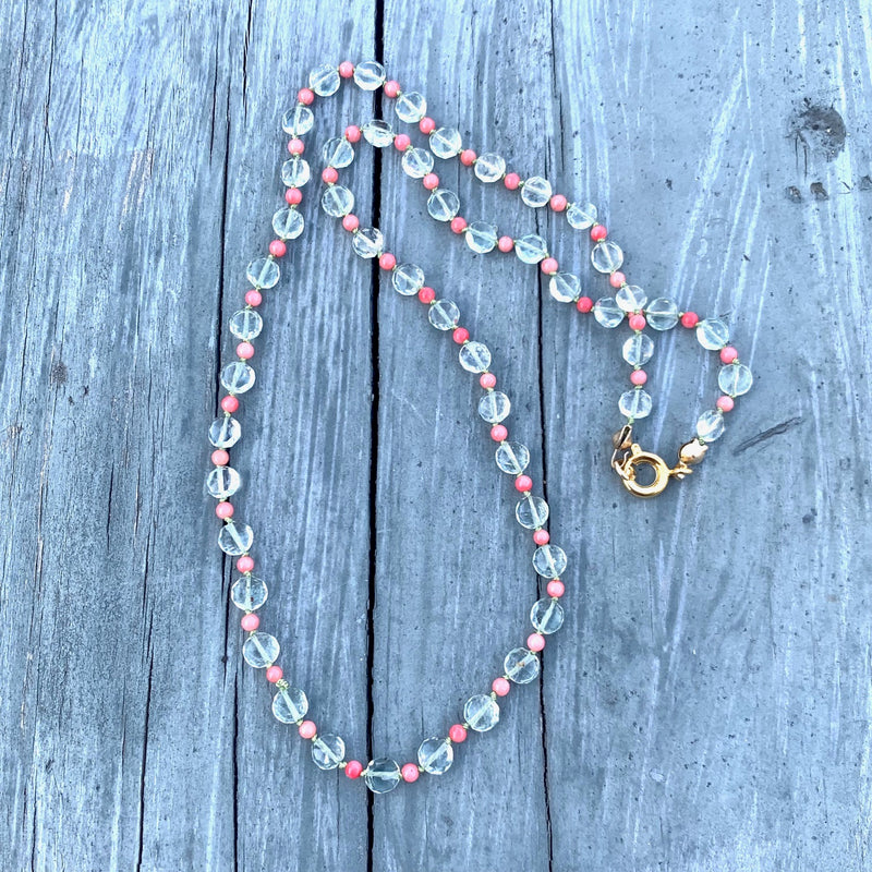 Faceted Blue Quartz and Coral Knotted Necklace