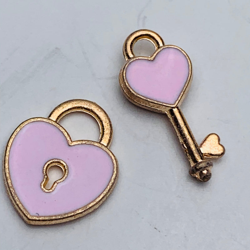 Pink Enameled Heart and Key Matching Charm Set