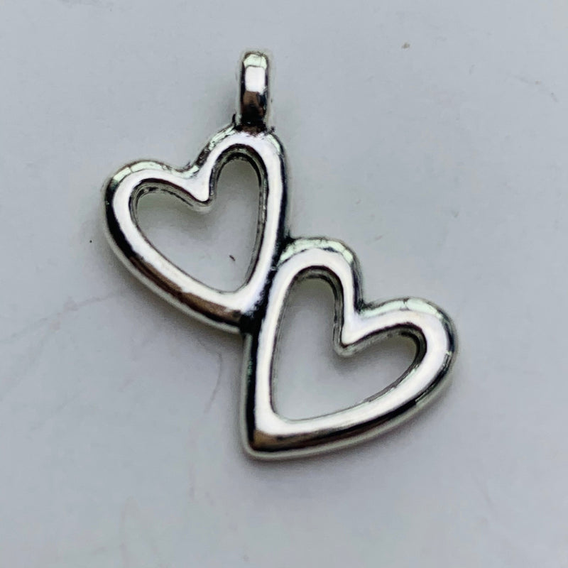 Hanging Double Heart Charm, Silver