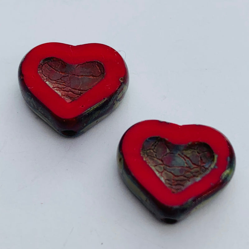 Heart Shaped Czech Glass Beads, Red 12mm