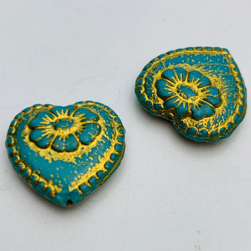 Vintage Heart Beads Czech Glass Turquoise Gold