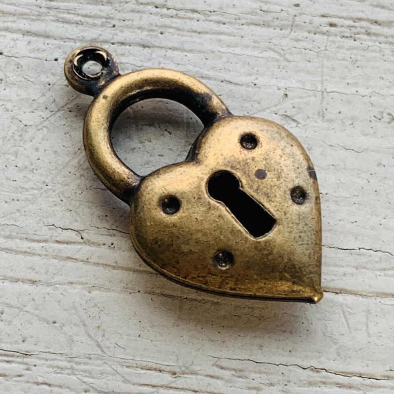 Lock and Heart Charm, Antique Brass