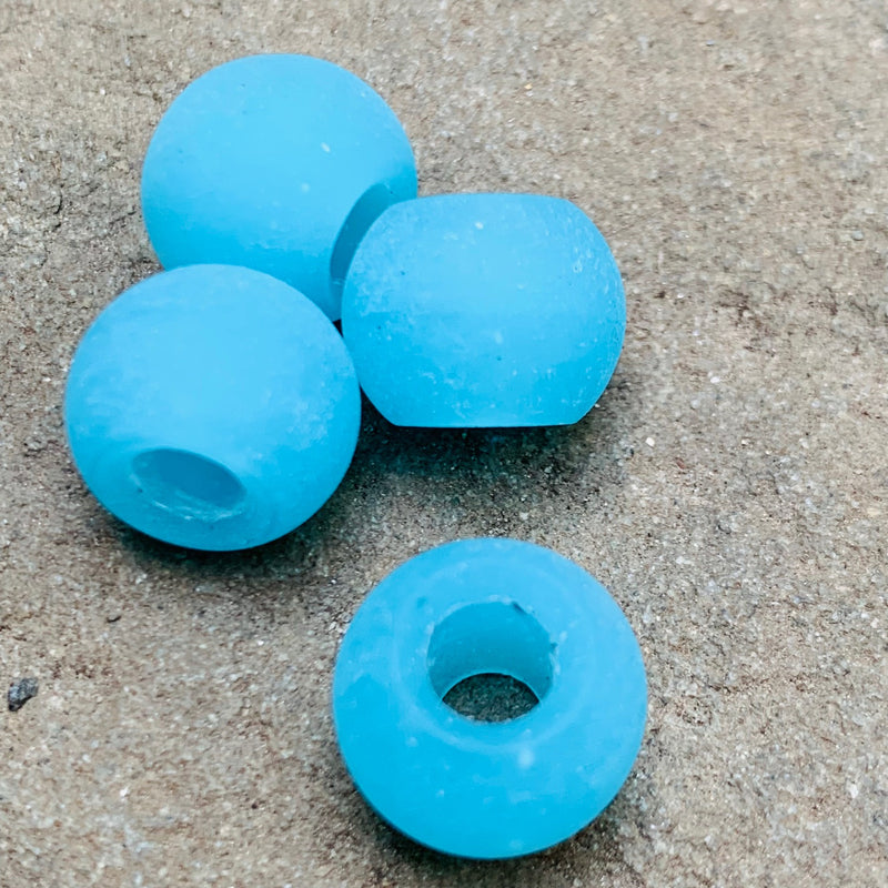 Tumbled Sea Glass Round Beads Frosted Blue,  4 Beads