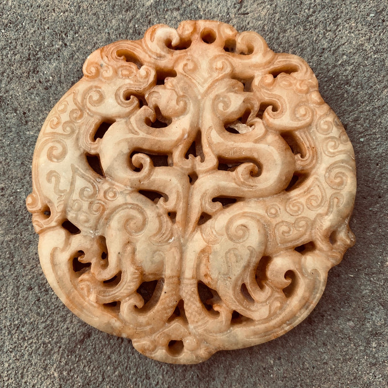 Carved Stone Pendant, Mystical Creatures, Brown 66x66mm