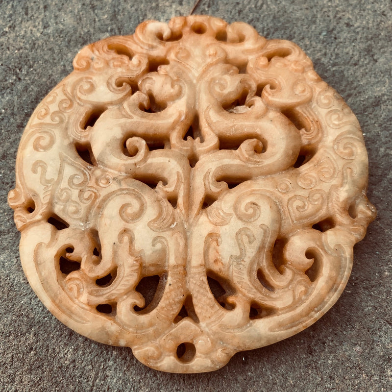 Carved Stone Pendant, Mystical Creatures, Brown 66x66mm