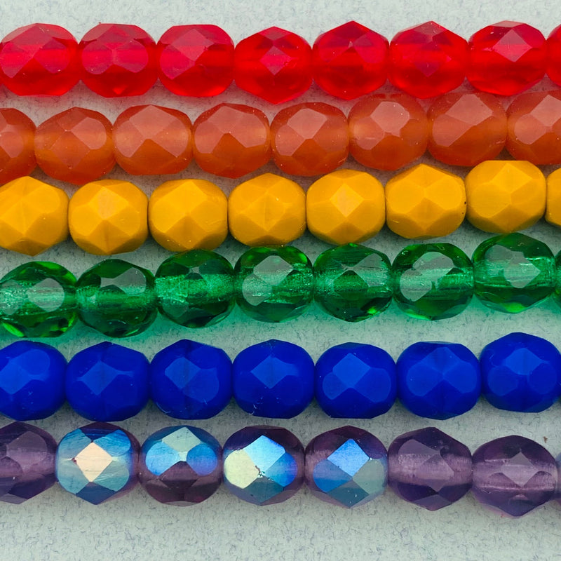 Fire Polish Czech Glass Mix, 6mm Pride Rainbow Colors