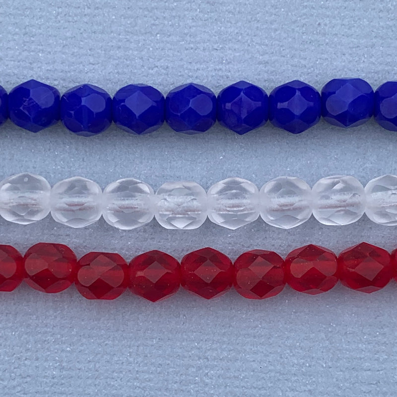 3 mm Fire Polish Czech Glass Beads, Red White & Blue Mix