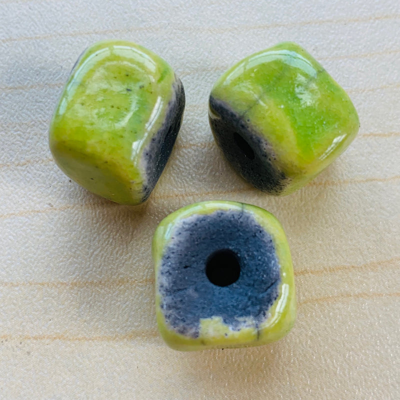 Large Ceramic Raku Cube Bead by Keith OConnor, Chartreuse 12mm