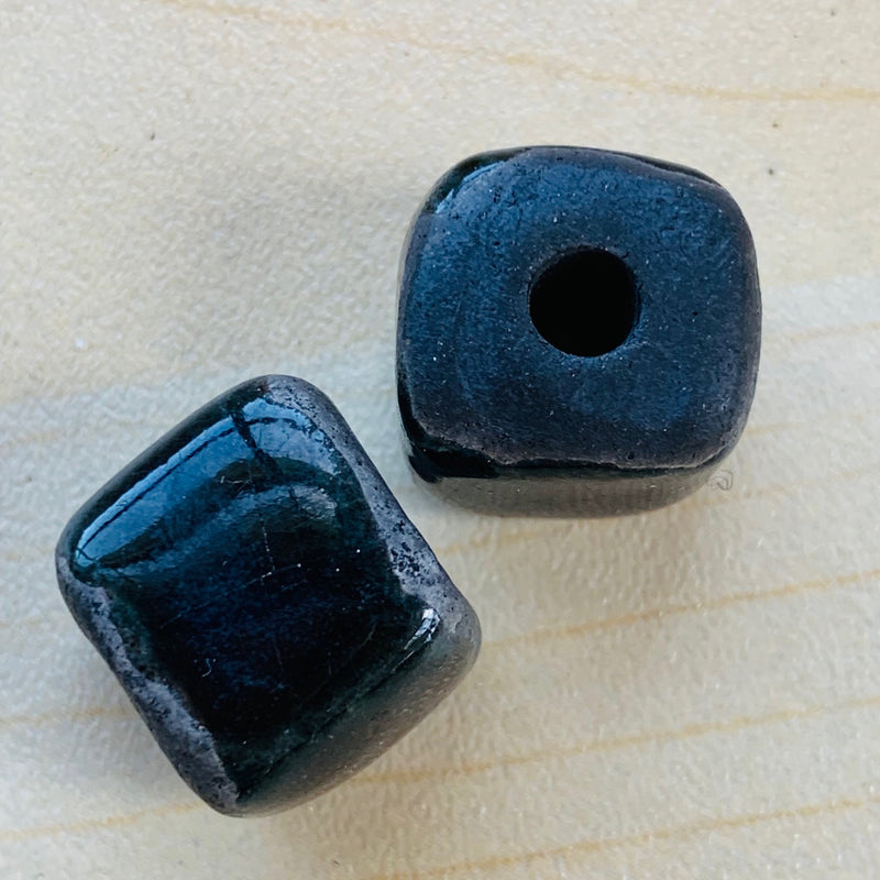 Large Ceramic Raku Cube Bead by Keith OConnor, Black 12mm
