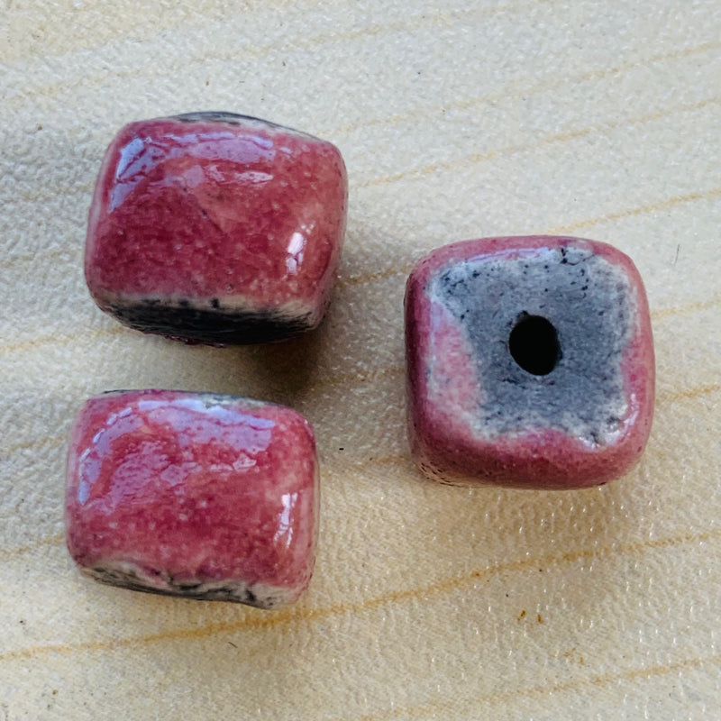 Ceramic Raku Cube Bead by Keith OConnor, Dark Pink 10mm