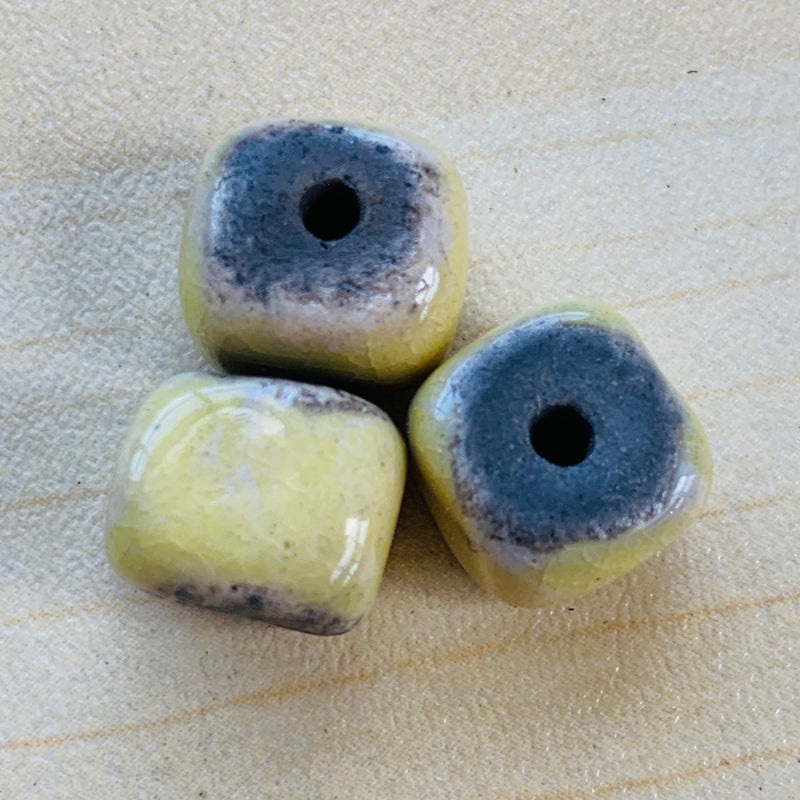 Ceramic Raku Cube Bead by Keith OConnor, Yellow 14mm