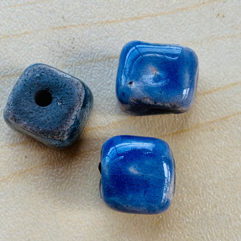 Ceramic Raku Cube Bead by Keith OConnor, Blue 10mm